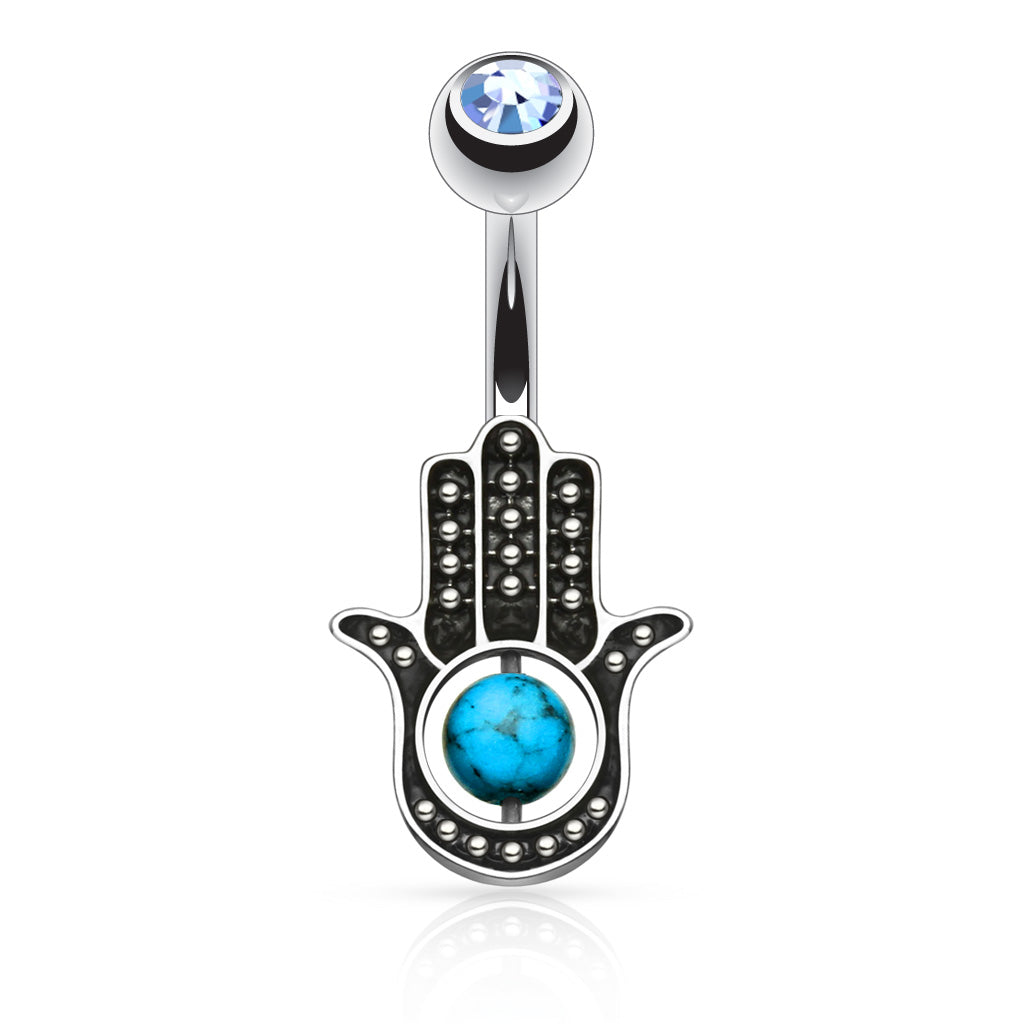 316L Surgical Steel Hamsa Hand With Stone Palm Belly Button Ring - Aqua