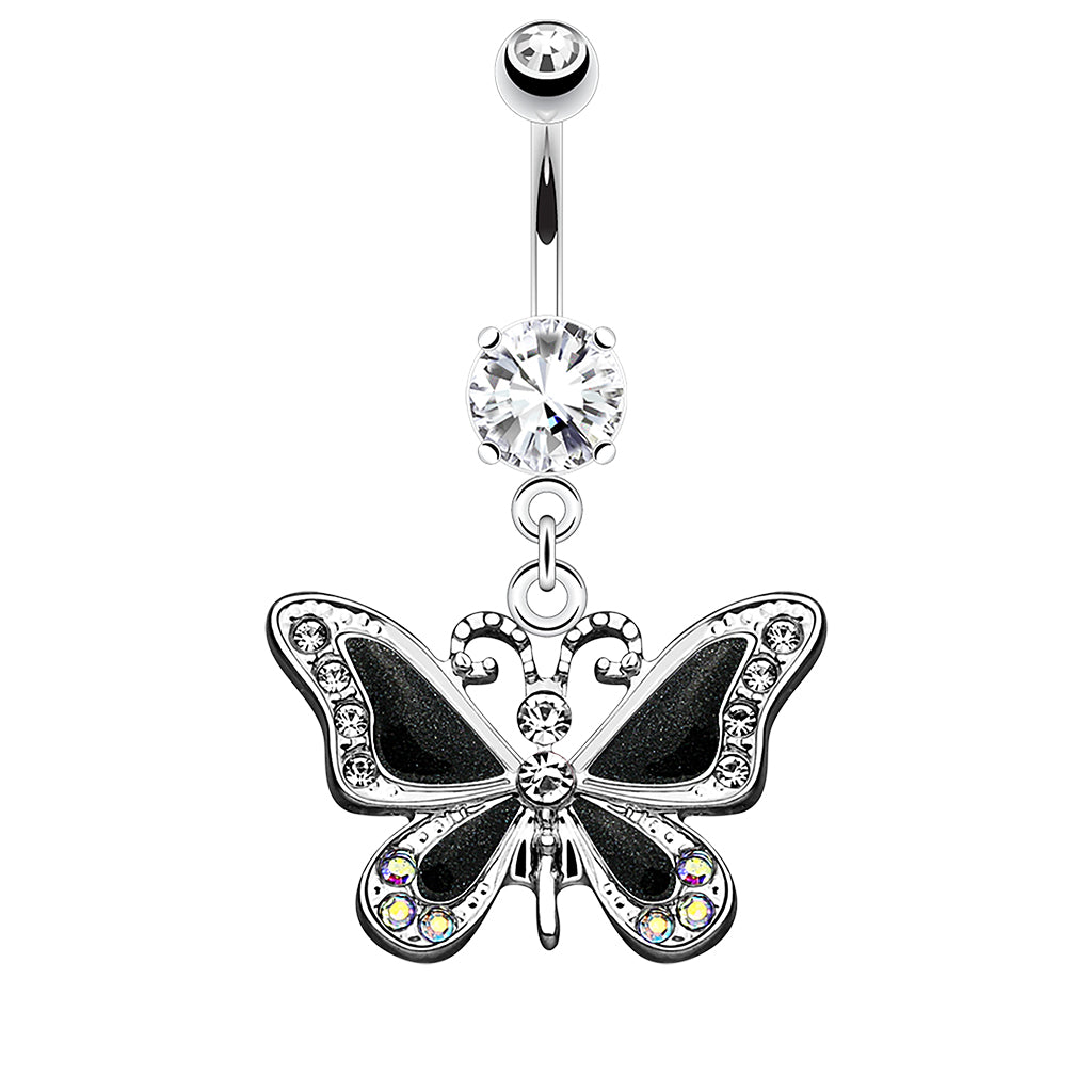 316L Surgical Steel Butterfly Dangle With Cz Belly Button Ring - Black