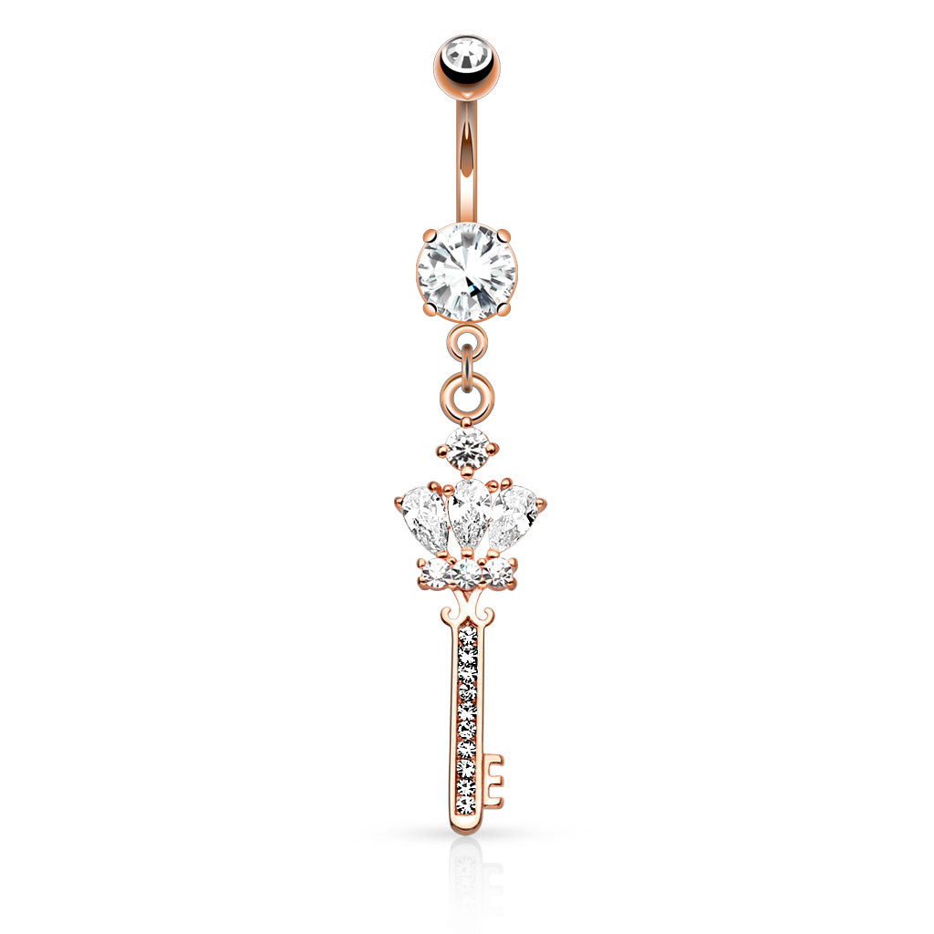 316L Surgical Steel Crown CZ Key With Paved Gem Shaft Dangle Belly Button Ring - Rose Gold/Clear