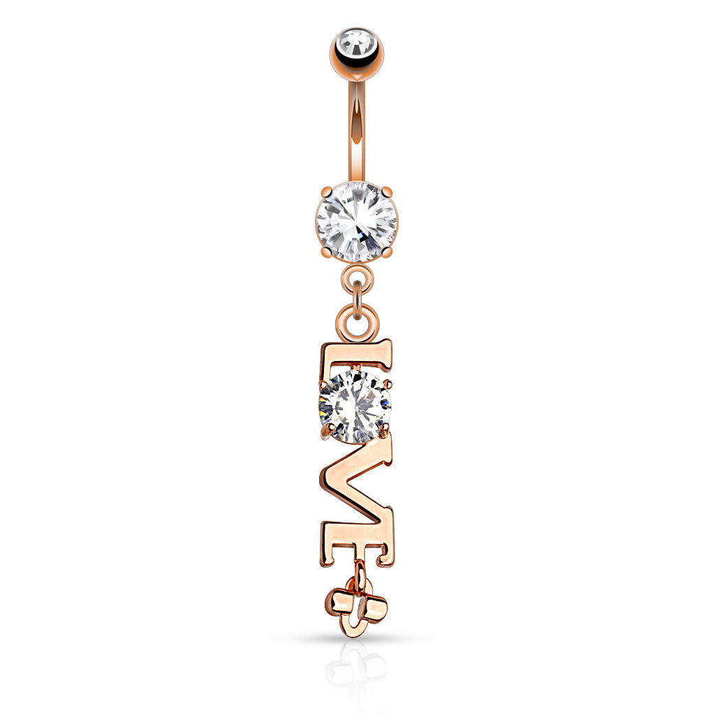 316L Surgical Steel LOVE Clear CZ Dangle Belly Button Ring - Rose Gold/Clear