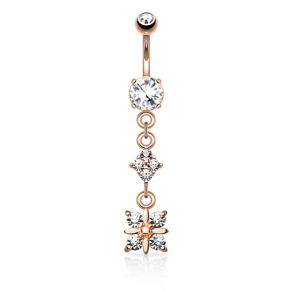 316L Surgical Steel Paved Diamond With 4 Quadrant CZ Drop Dangle Belly Button Ring - Rose Gold/Clear
