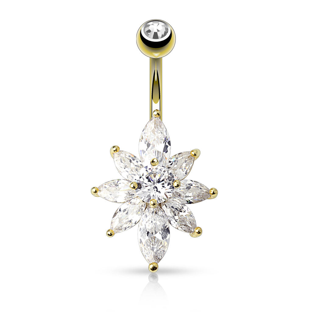316L Surgical Steel Marquise CZ Petal Flower Belly Button Ring - Gold/Clear
