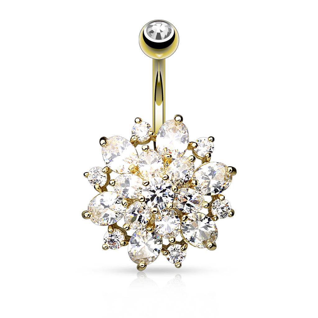 316L Surgical Steel CZ Clustered Dahlia Belly Button Ring - Gold/Clear