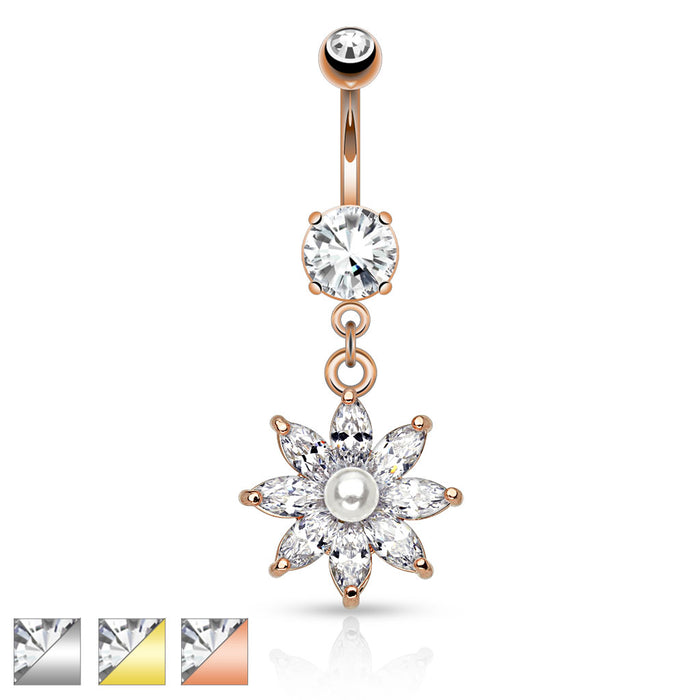 316L Surgical Steel Pearl With Marquise CZ Flower Petals Dangle Belly Ring