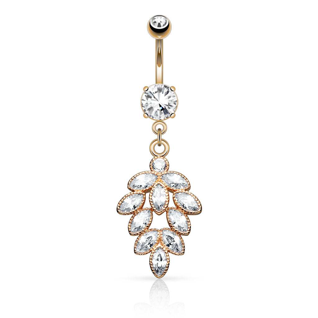 316L Surgical Steel Cluster CZ Grape Dangle Belly Button Ring - Rose Gold/Clear