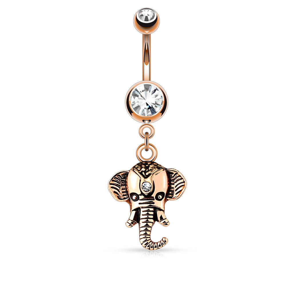 316L Surgical Steel Elephant Dangle Double Jeweled Belly Button Ring - Rose Gold