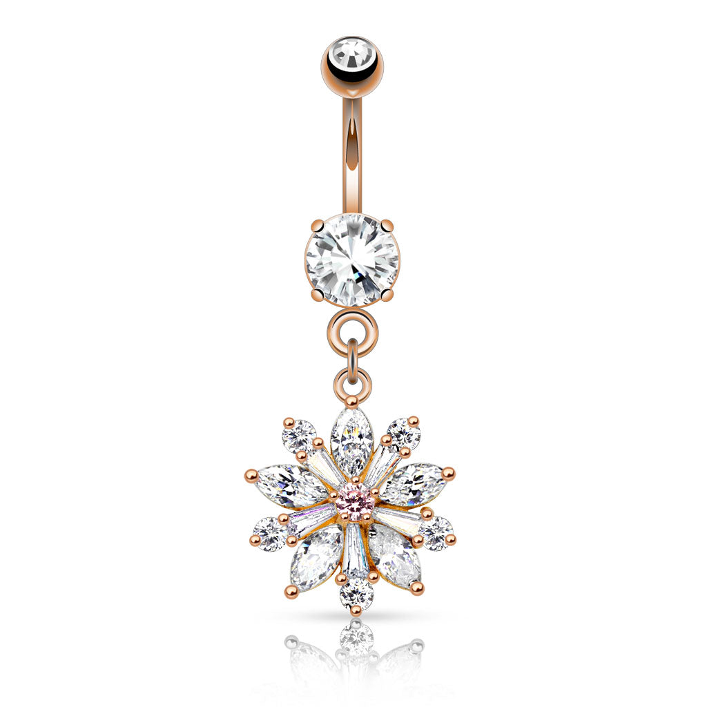 316L Surgical Steel Flower W/ Prong Set CZ Shard Petals Dangle Navel Ring Belly Button Ring - Rose Gold/Clear/Pink