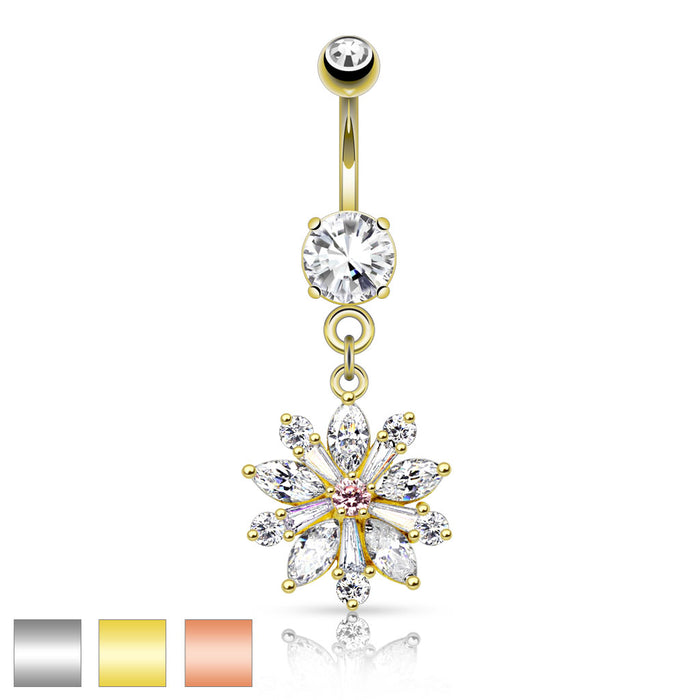 316L Surgical Steel Flower With Prong Set CZ Shard Petals Dangle Belly Ring