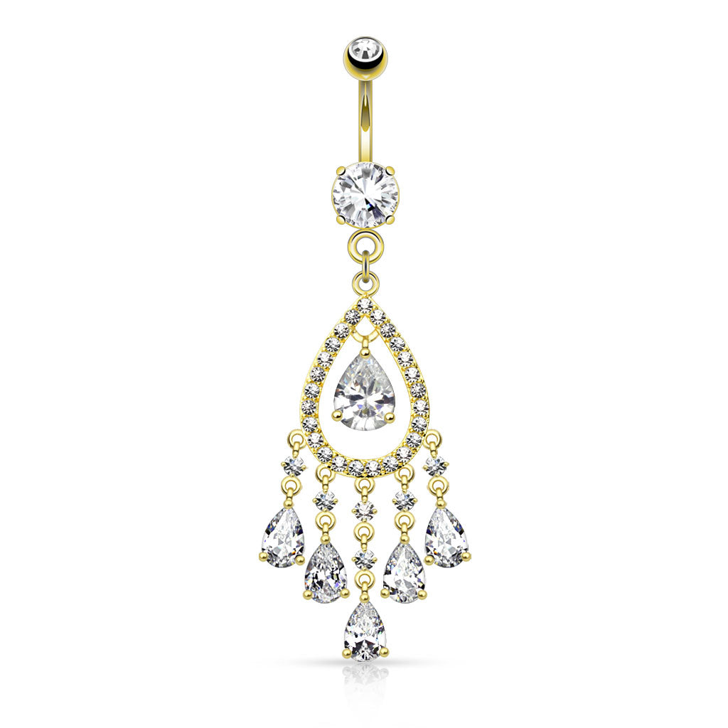 316L Surgical Steel Multi Tear Drop And Round Cz Set Chandelier Dangle Belly Button Ring - Gold/Clear