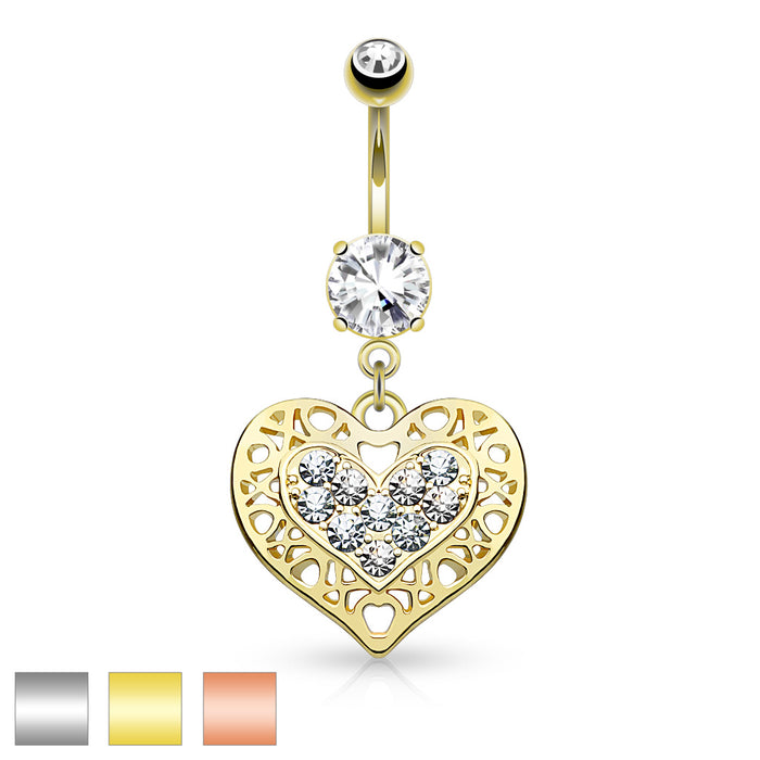 316L Surgical Steel Tribal Filigree Crystal Paved Heart Dangle Belly Ring
