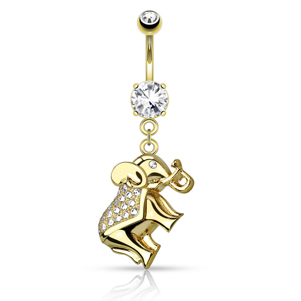 316L Surgical Steel CZ Paved Elephant Dangle Belly Button Ring - Gold/Clear