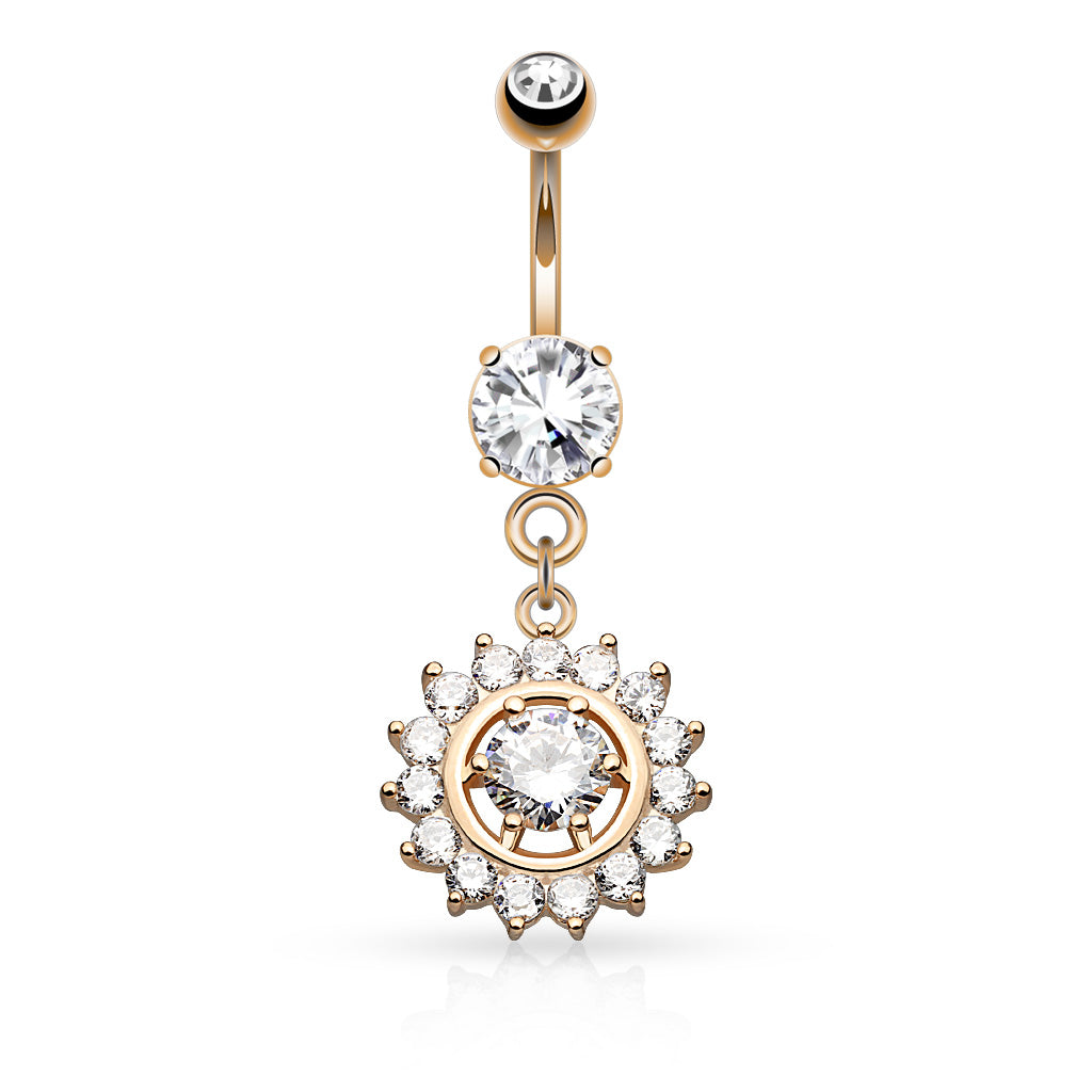 316L Surgical Steel Claw Set CZ Around CZ Center Dangle Belly Button Ring - Rose Gold/Clear