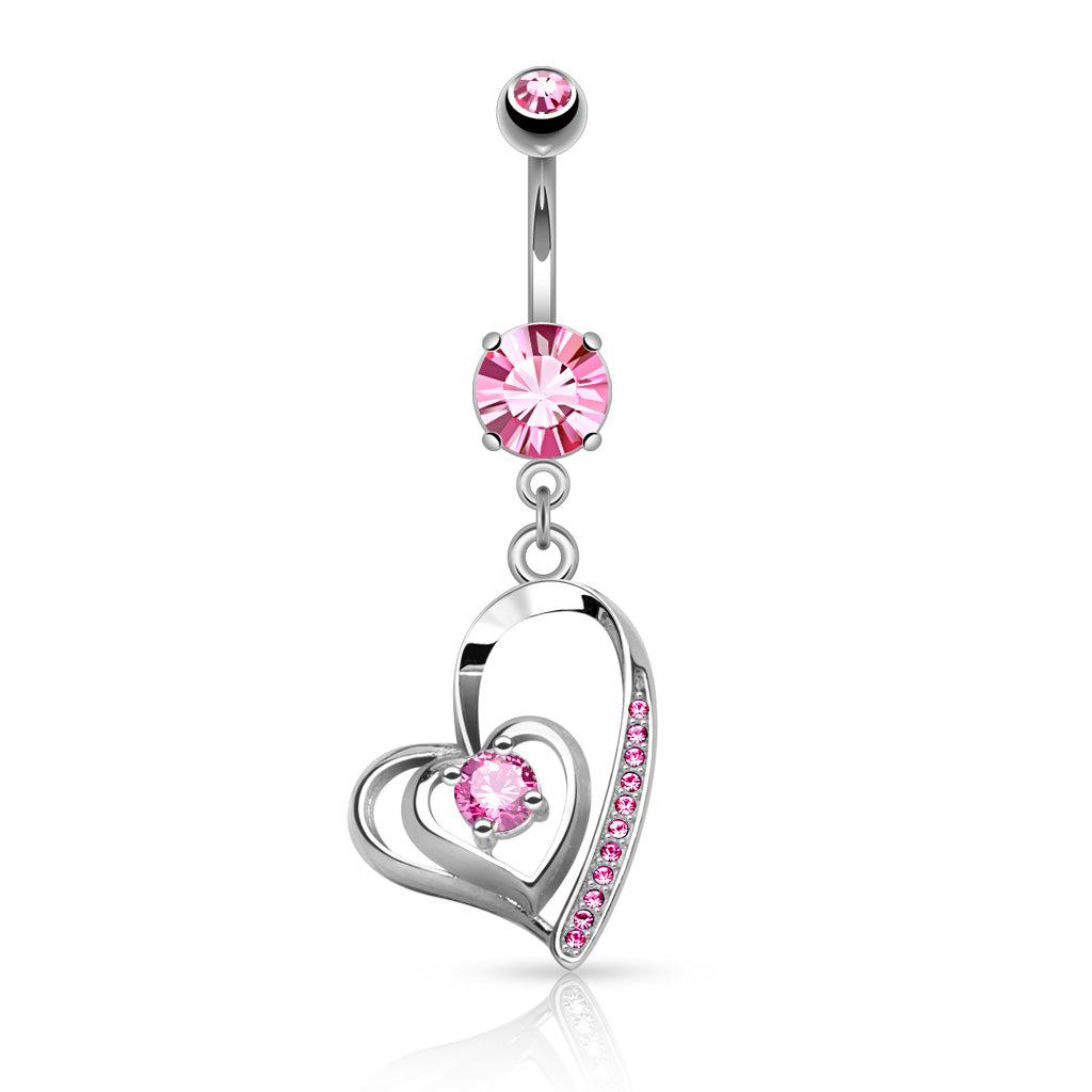 316L Surgical Steel CZ Centered Double Heart With Micro Pave CZ Dangle Belly Button Ring - Pink