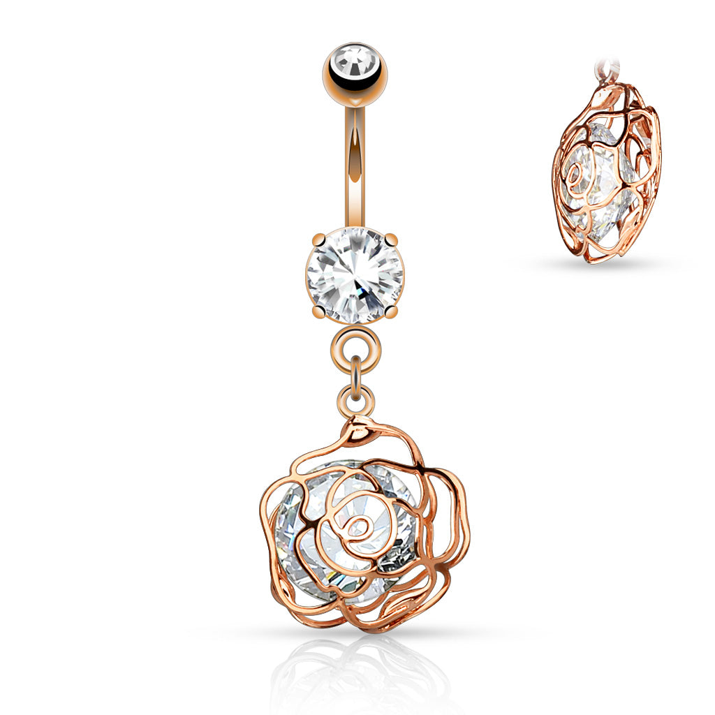 316L Surgical Steel Large CZ Incased Camellia Flower Dangle Belly Button Ring - Rose Gold/Clear