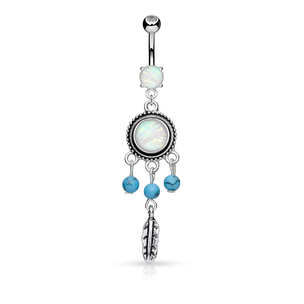 316L Surgical Steel Opal Glitter Center With Turquoise Beads Dream Catcher Dangle Belly Button Ring - all colors