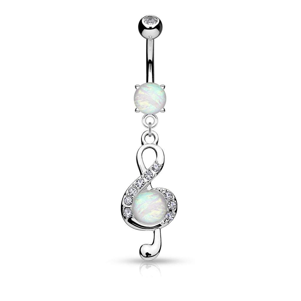Opal Glitter Center Crystal Paved Clef Dangle Surgical Steel Belly Button Navel Rings - Steel