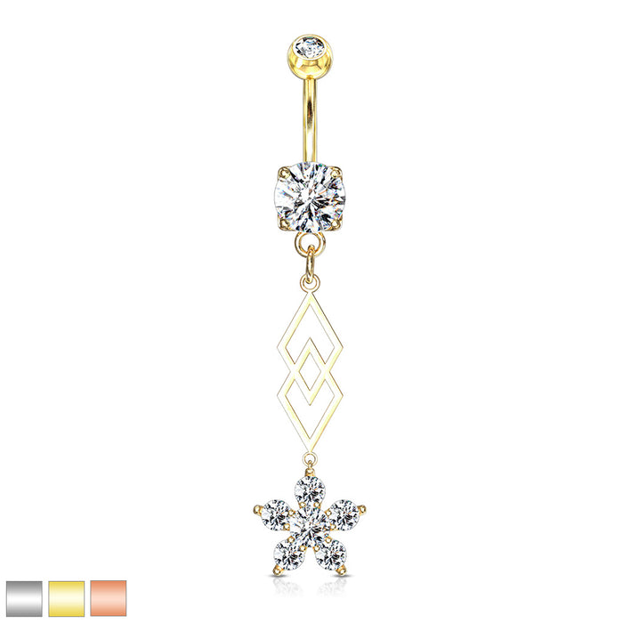 316L Surgical Steel Six CZ Flower And Two Overlapping Diamonds Dangle Belly Ring