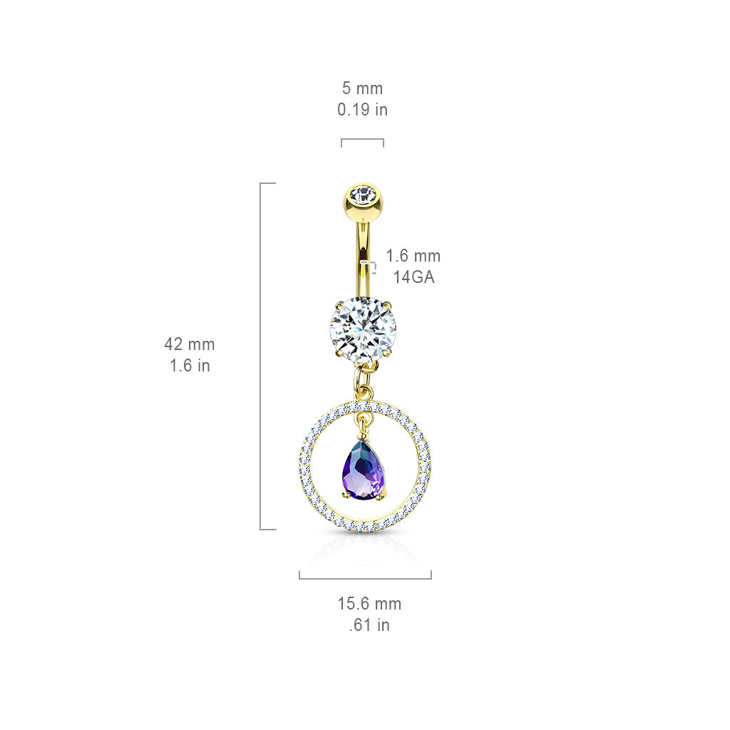 316L Surgical Steel CZ Paved Circle With Pear Shaped Green and Blue Two Tone CZ Dangle Double Jeweled Belly Button Ring size chart