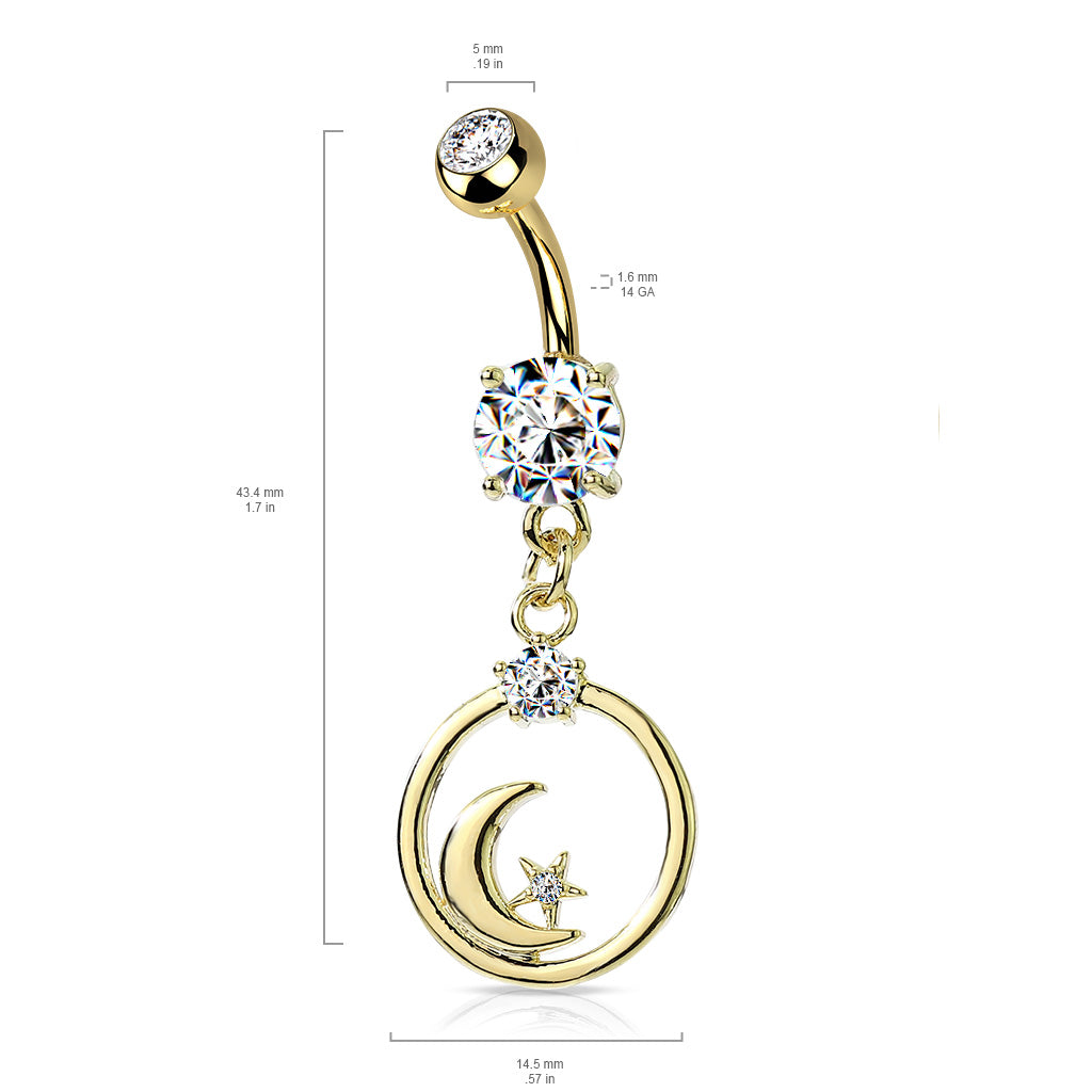 316L Surgical Steel Crescent Moon and CZ Star Dangle Encased in Circle Belly Button Ring size chart