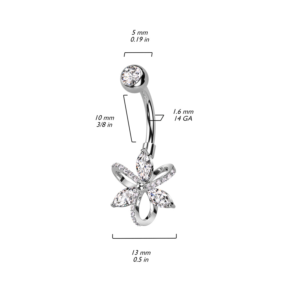 316L Surgical Steel Belly Ring With 3 Marquise CZ And 3 Hollow Pave CZ Petals size chart