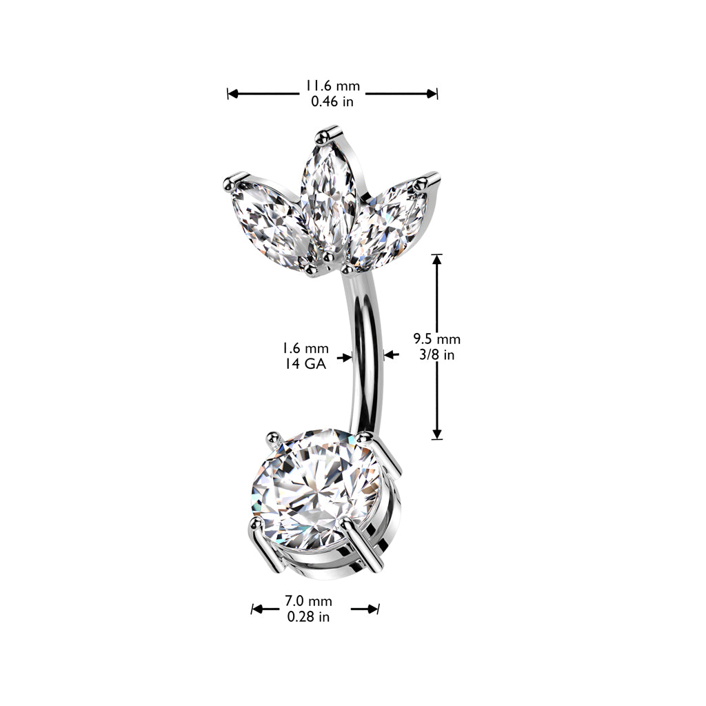 316L Surgical Steel Belly Ring With Prong Set CZ Bottom and 3 Marquise CZ Fan Top size chart