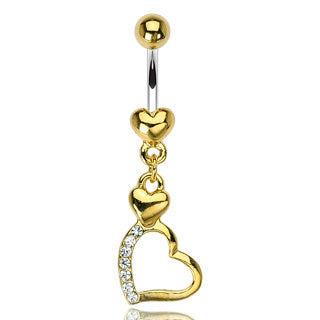 316L Surgical Steel 2 Heart Gem Pave Dangle Belly Button Ring