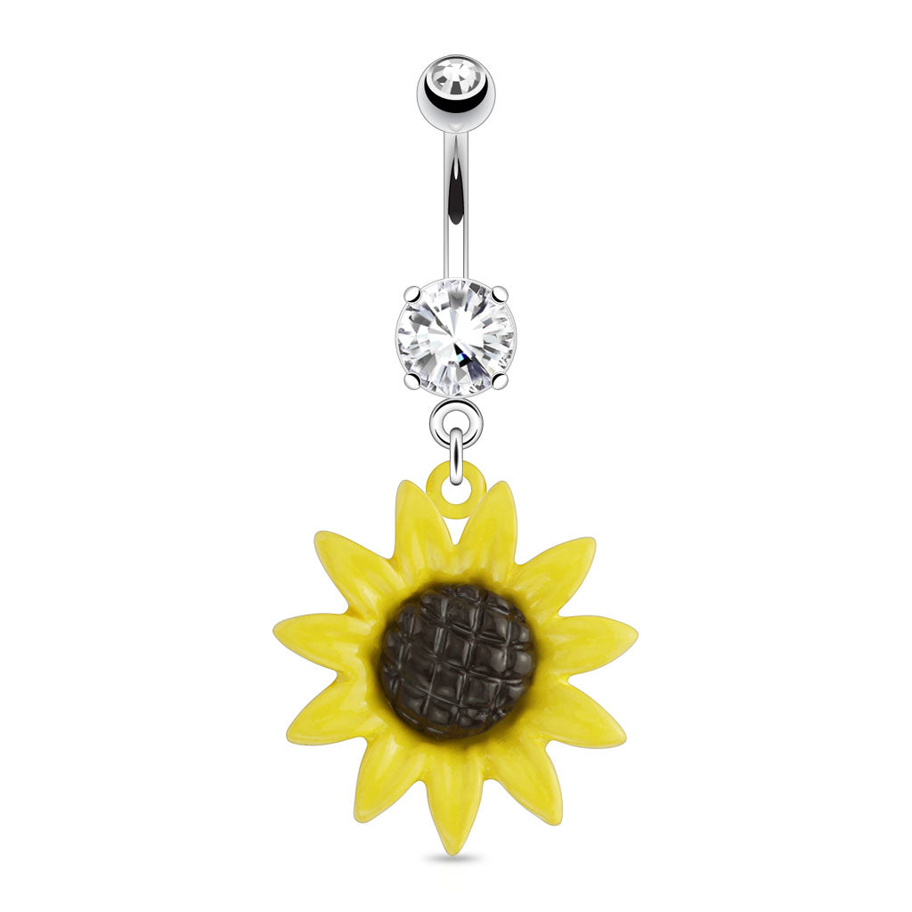 316L Surgical Steel Metal Sunflower Dangle With CZ Belly Button Ring - all colors