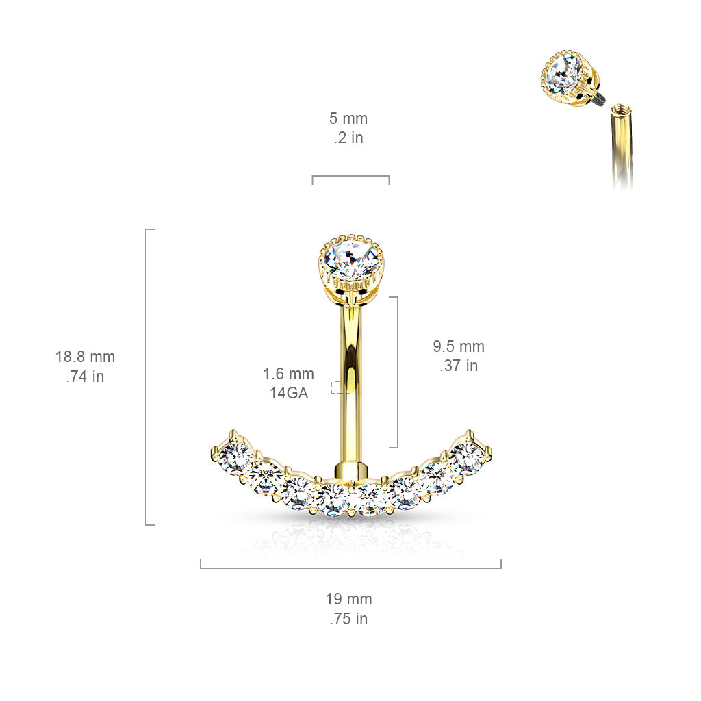 316L Surgical Steel CZ Paved Curved Line With Internally Threaded Round CZ Top Belly Button Ring size chart