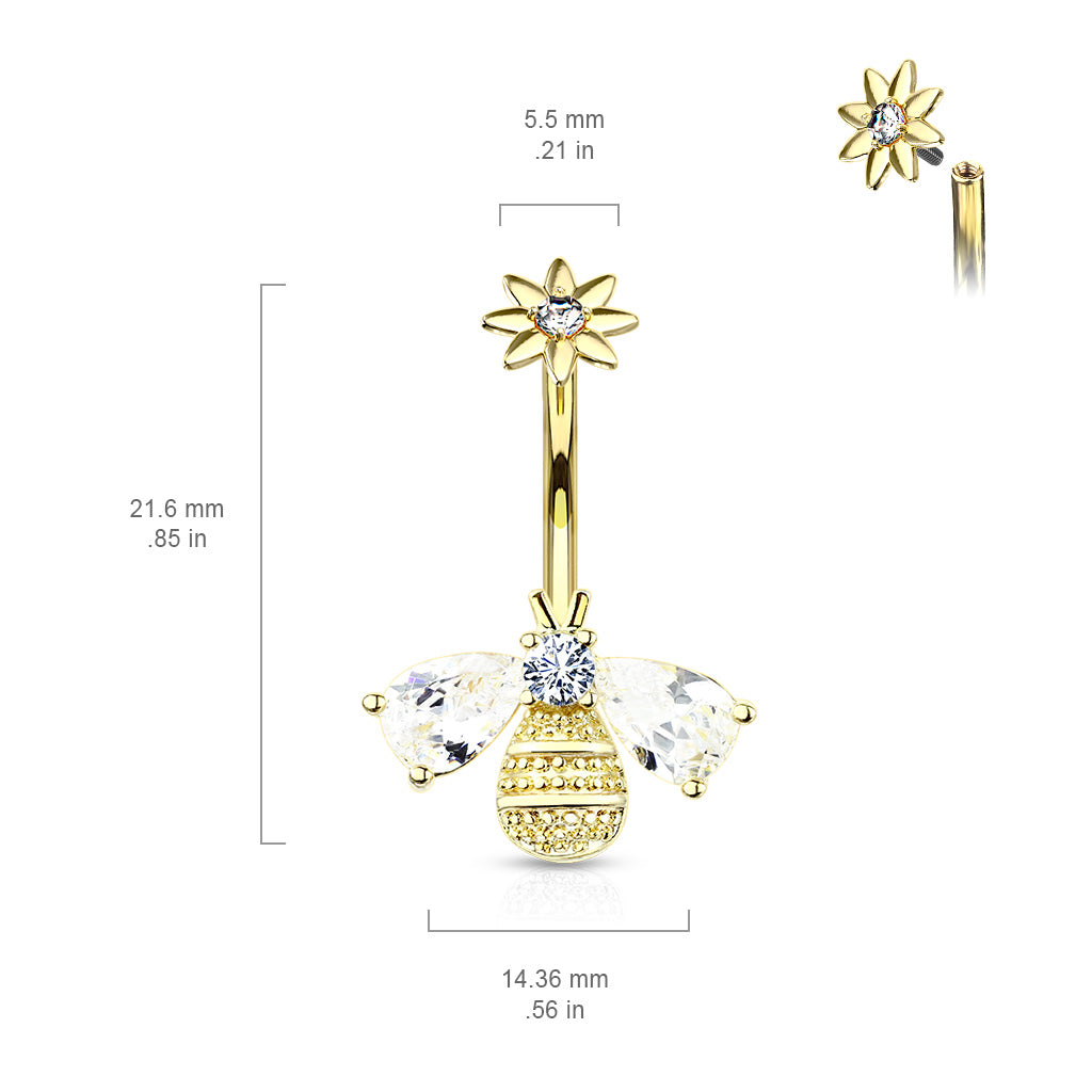 316L Surgical Steel Bee With CZ Wings and Face With Internally Threaded CZ Center Flower Top Belly Button Ring size chart