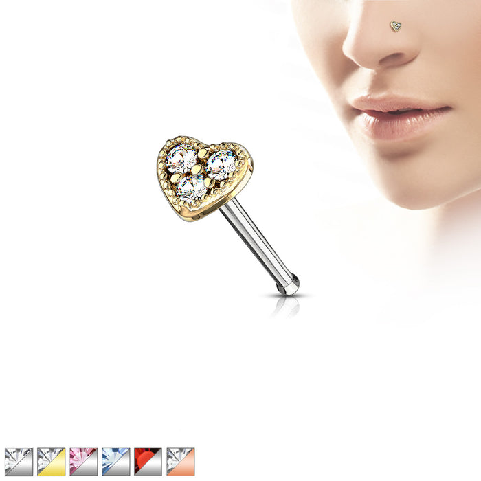 CZ Set Heart Top 316L Surgical Steel Nose Stud Rings