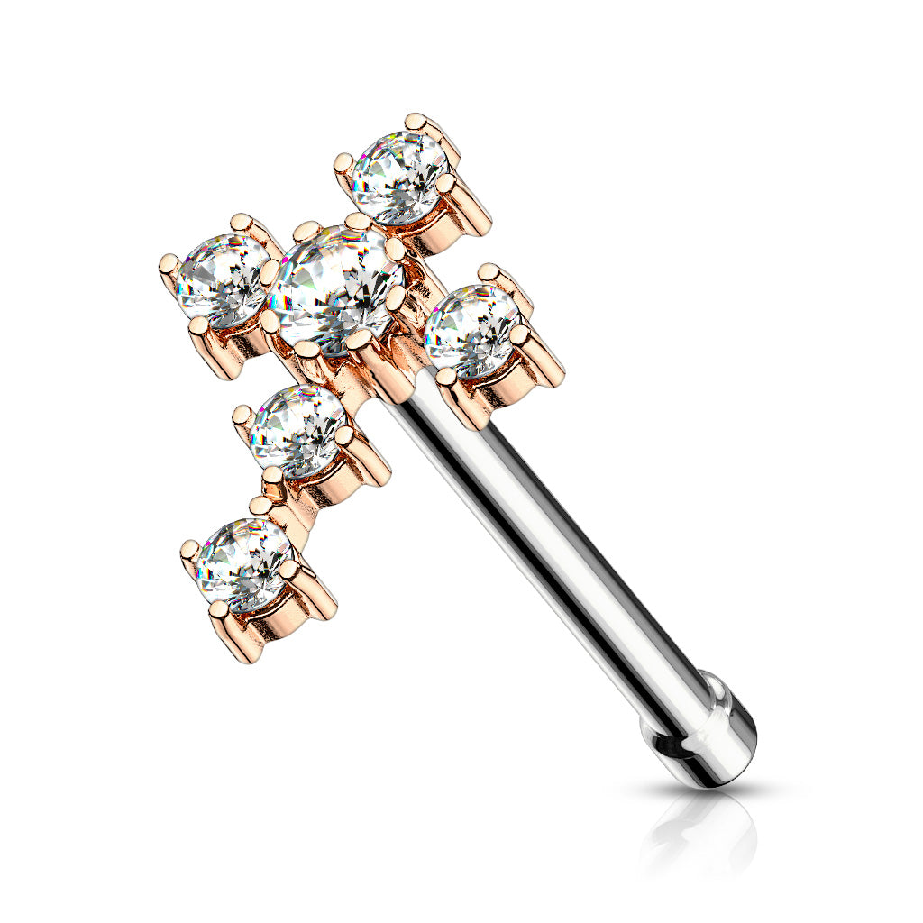 CZ Cross 316L Surgical Steel Nose Bone Stud - Rose Gold/Clear