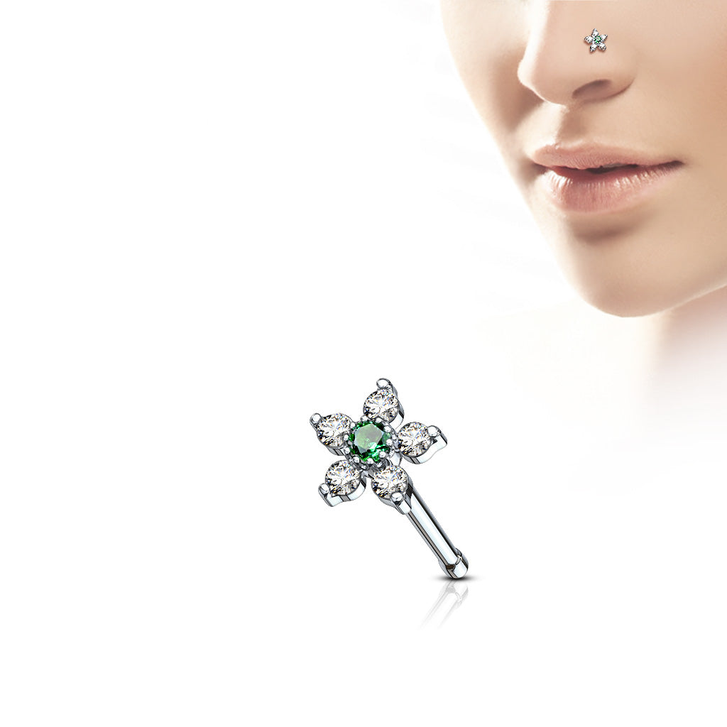 6 CZ Flower Top 316L Surgical Steel Nose Bone Stud Rings - Clear/Emerald