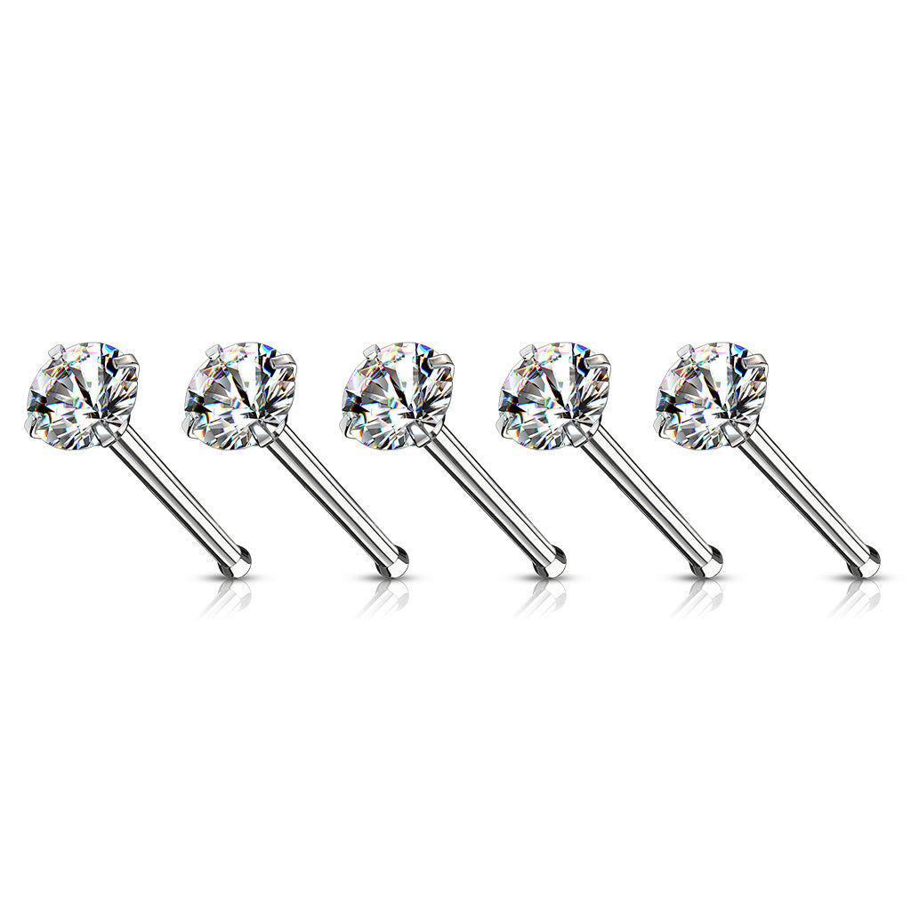 100 Pcs Prong Set Round CZ Top 316L Surgical Steel Nose Bone Stud Rings - all colors