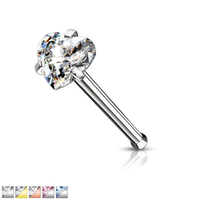 Prong Set Heart CZ Top 316L Surgical Steel Nose Bone Stud Rings