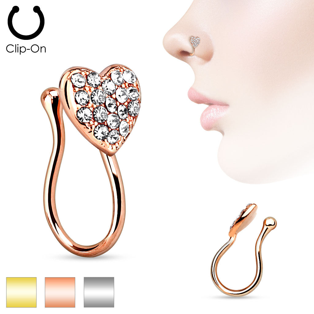 Heart With Gems Non Piercing Gold IP Nose Clip - all colors