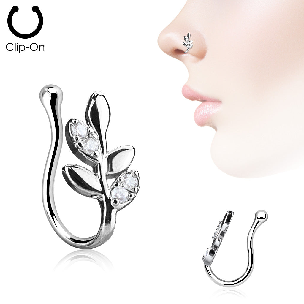 Olive Branch with CZ Paved Leaves Non Piercing Nose Clip - all colors