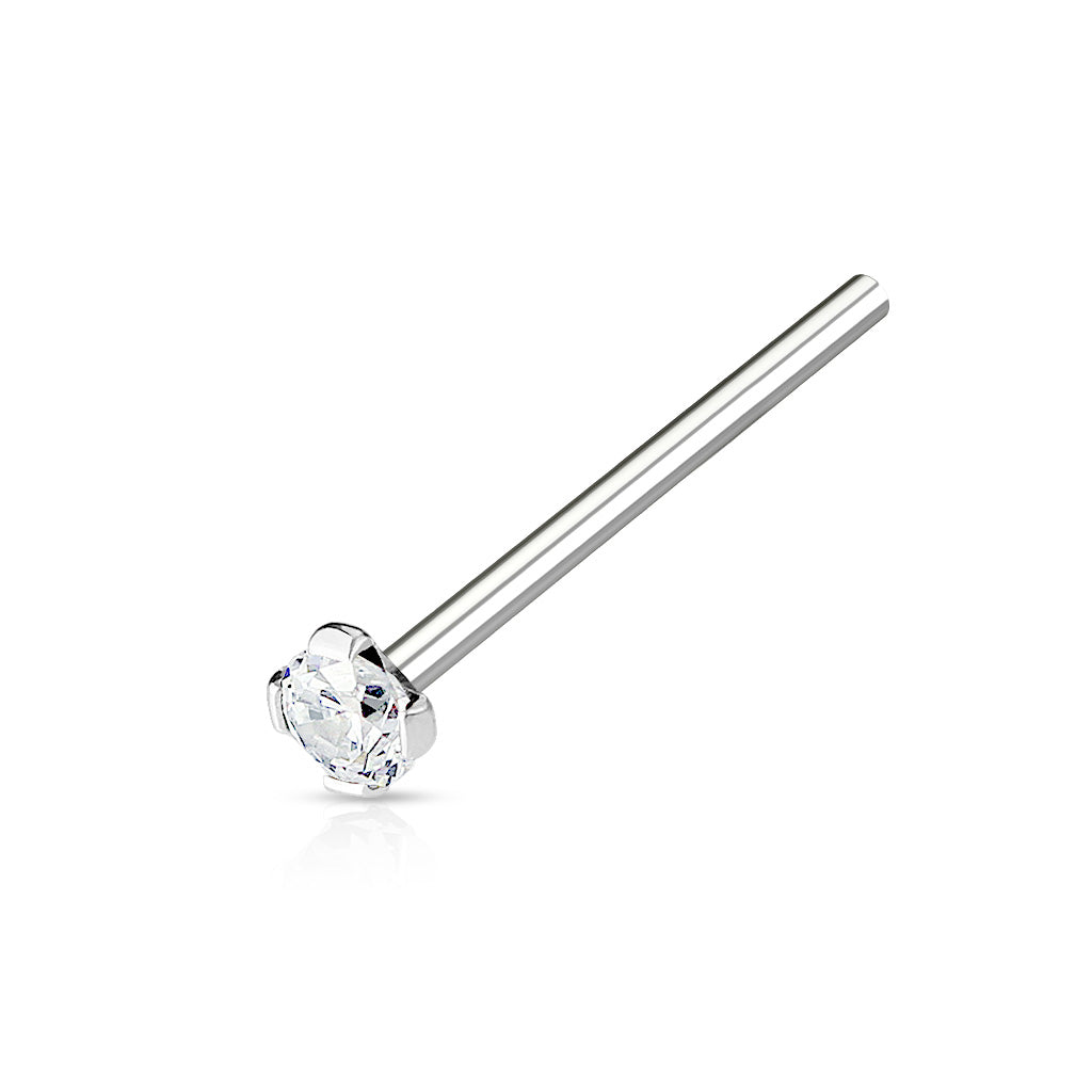 Round 2mm Prong Set CZ Top 12mm 316L Surgical Steel Fish Tail Nose Ring - all colors