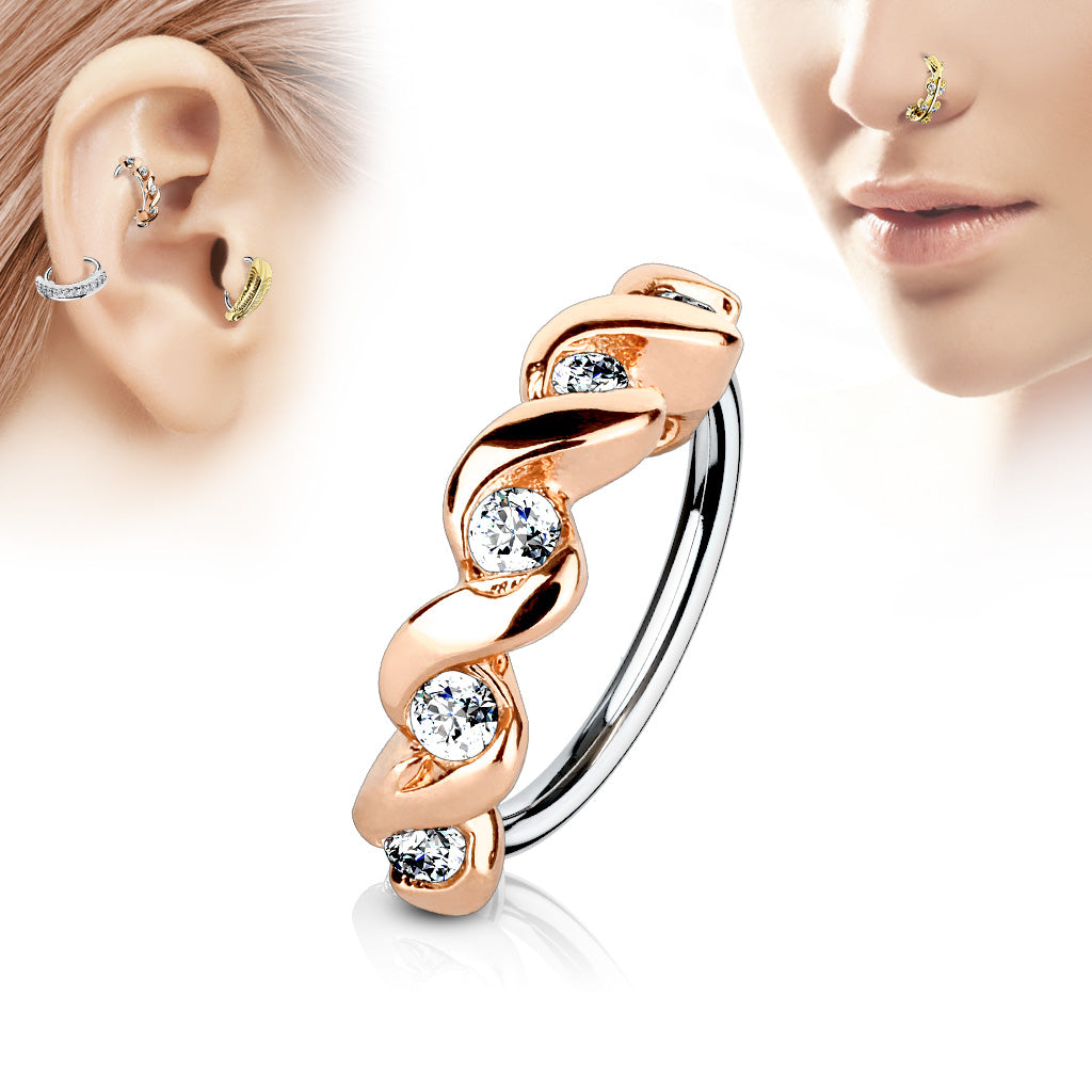 CZ Set Twisted Half Circle Top 316L Surgical Steel Nose, Cartilage Hoop Rings - Rose Gold/Clear