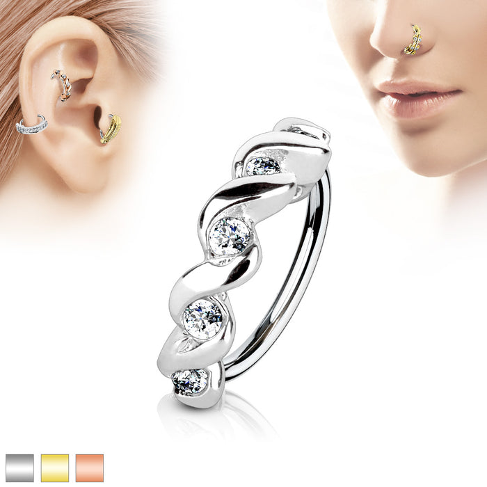 CZ Set Twisted Half Circle Top 316L Surgical Steel Nose And Cartilage Hoop Rings