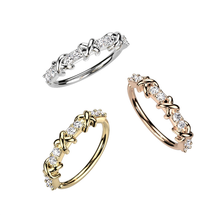 Alternating Pave CZ And Criss Cross Bendable Hoop