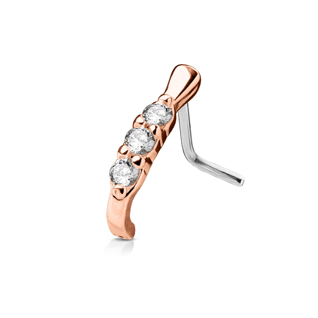3 CZ Lined L Bend 316L Surgical Steel Nose Crawler Studs - Rose Gold/Clear