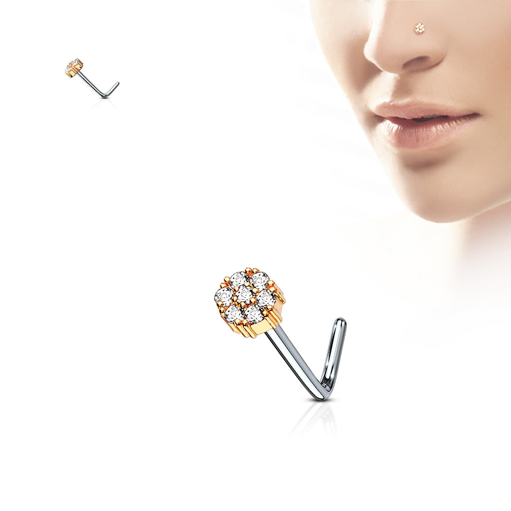 7 CZ Cluster Flower 316L Surgical Steel L Bend Nose Stud Rings - Rose Gold/Clear