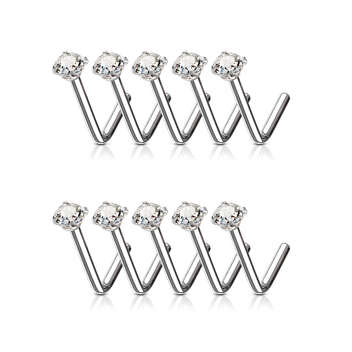 100-Piece Bulk Pack Clear CZ Prong Set 316L Surgical Steel L Bend Nose Studs