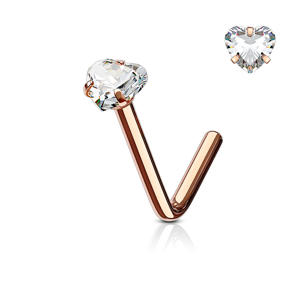 Heart CZ Prong Set 316L Surgical Steel "L" Bend Nose Stud Rings - Rose Gold/Clear