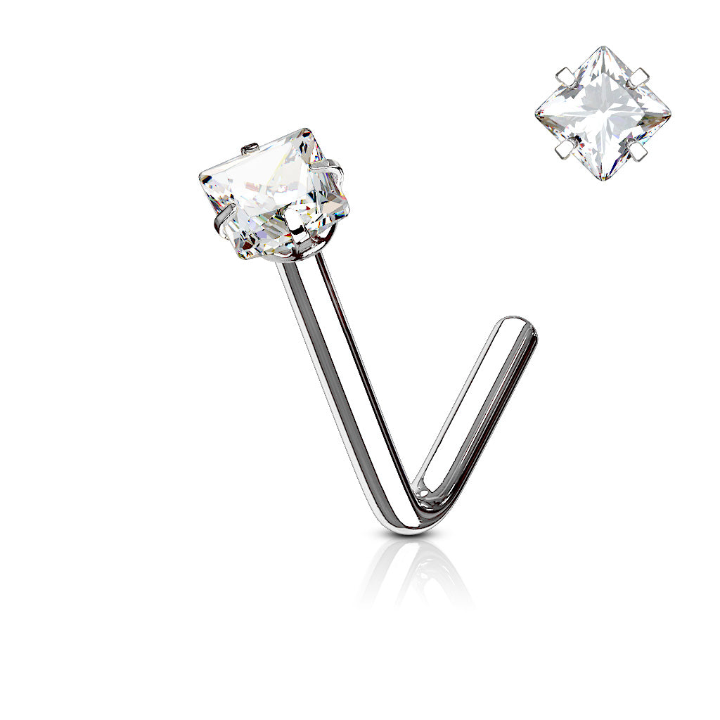 Square CZ Prong Set 316L Surgical Steel L Bend Nose Stud Rings - Clear