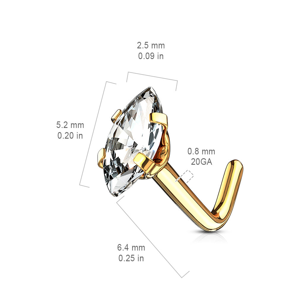 Marquise CZ Top 316L Surgical Steel L Bend Nose Stud Rings size chart