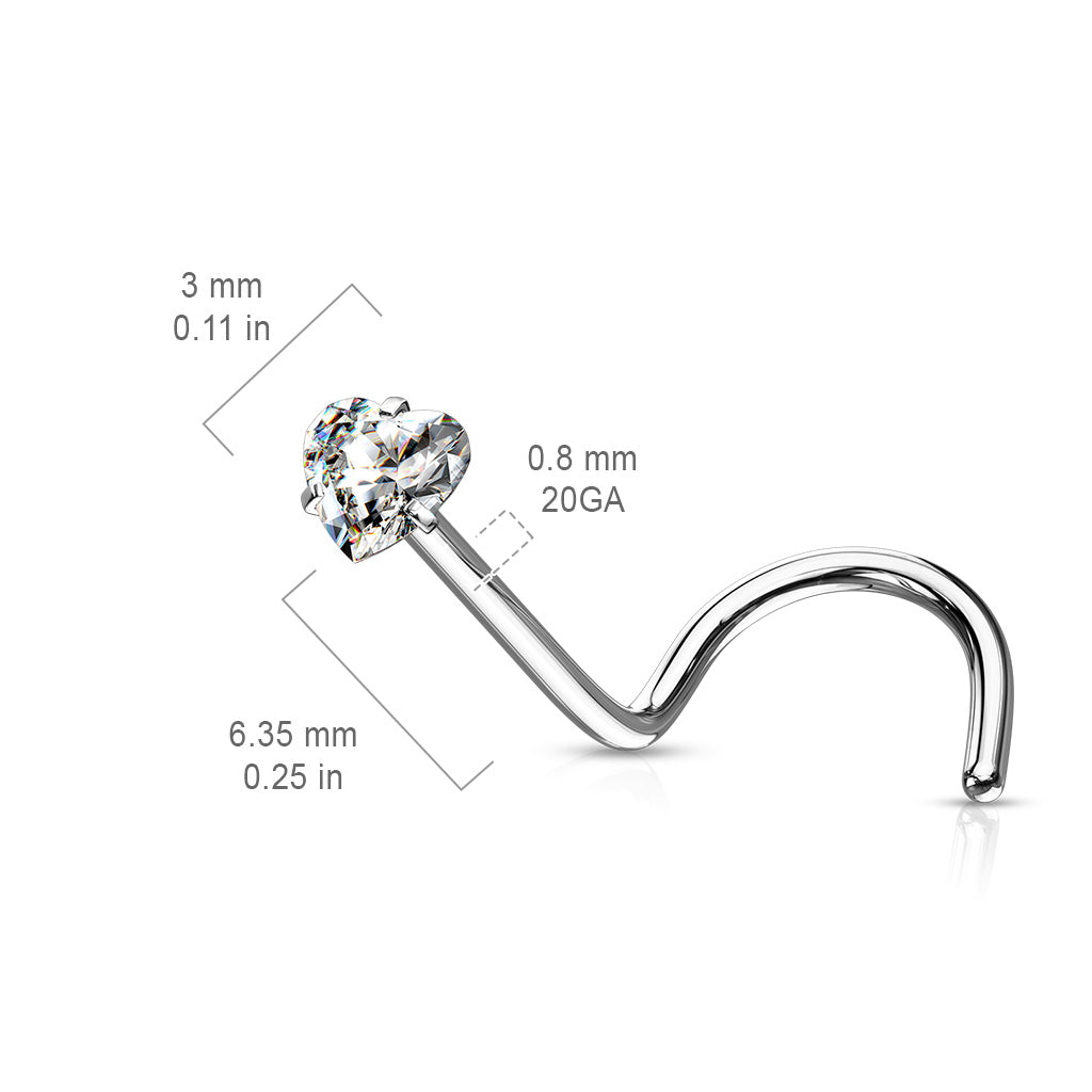 Prong Set Heart CZ Top 316L Surgical Steel Nose Screw Rings size chart