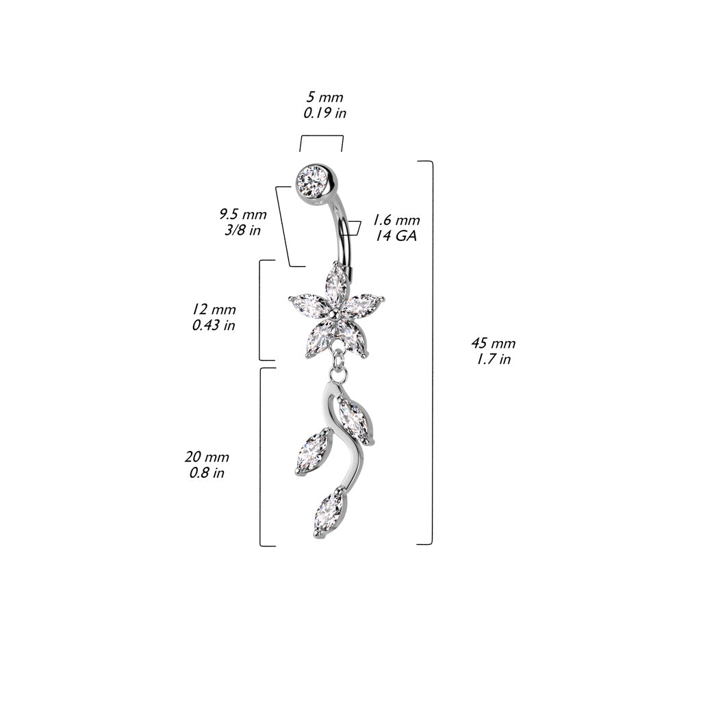 316L Surgical Steel 5 Marquise CZ Flower With Vine Dangle Belly Button Ring size chart