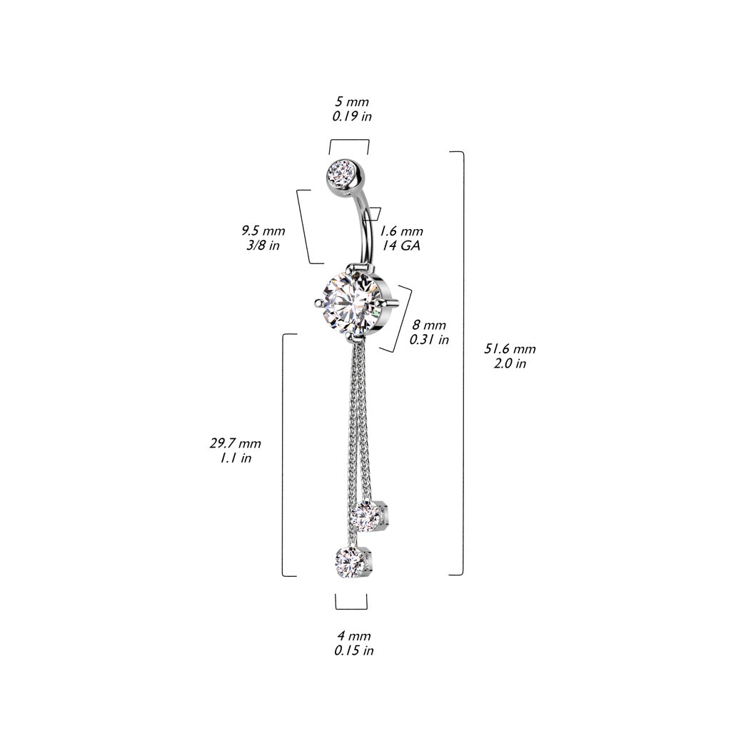 316L Surgical Steel Double Jeweled CZ With 2 Rope Chain Dangle Belly Button Ring size chart