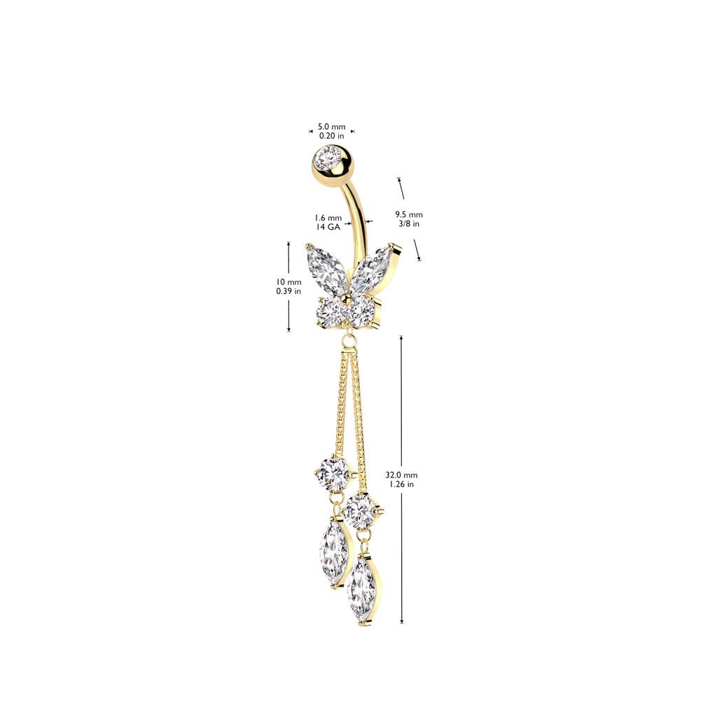 316L Surgical Steel CZ Butterfly With Double Round And Marquise Prong Set CZ Dangle size chart